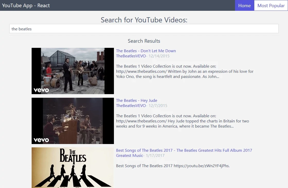 YouTube App search results screenshot